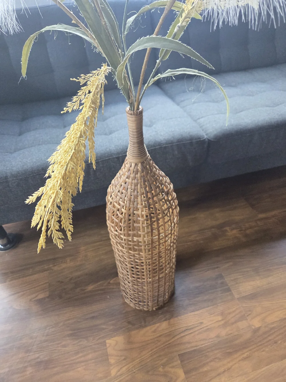 Woven Rattan Floor Vase with White Pampas Grass and Gold Accents